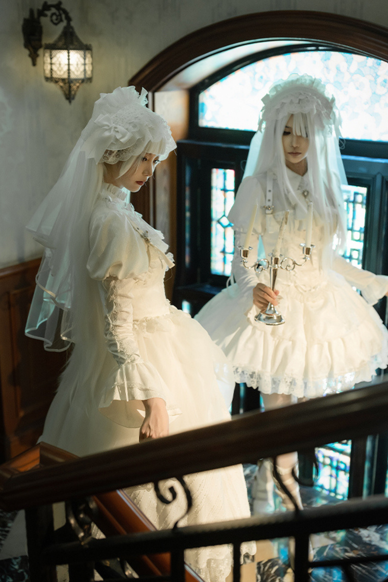 White Gothic Gemini Lolita Dress + Corset + Ribbon + Headband + Veil