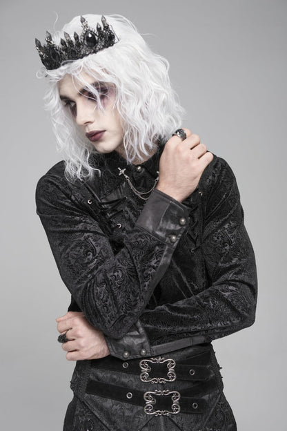 Black Lapel Collar Long Sleeves Print Embroidery Lace-up Gothic Blouse