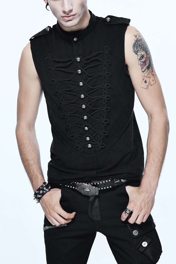 Black Military Uniform Style Chest Chinese Frog Button Sleeveless Punk T-shirt