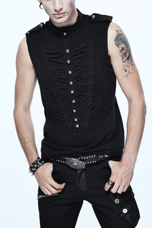 Black Military Uniform Style Chest Chinese Frog Button Sleeveless Punk T-shirt