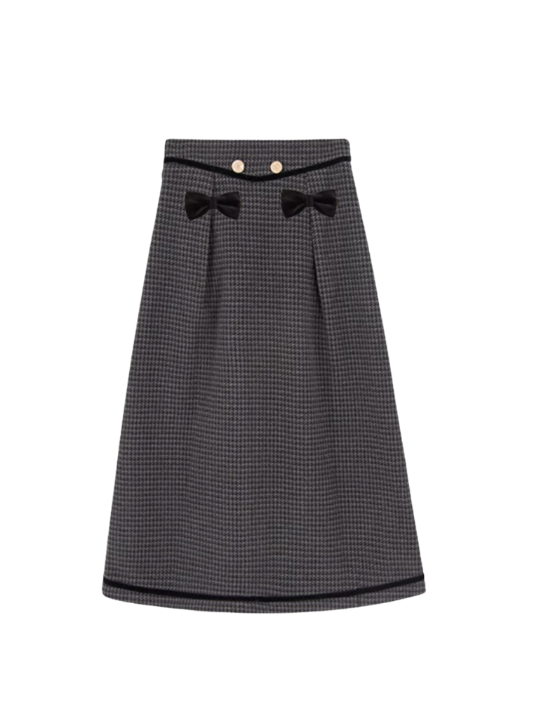 Dark Retro Plaid Top + Double Ribbon Flared Skirt