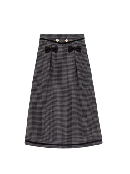 Dark Retro Plaid Top + Double Ribbon Flared Skirt