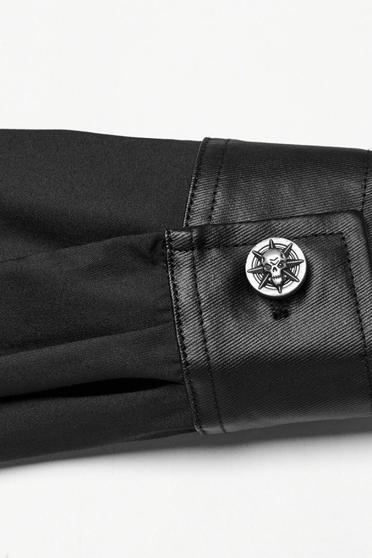 Black Lapel Collar Long Sleeves Faux Leather Stitching Buckle Punk Blouse