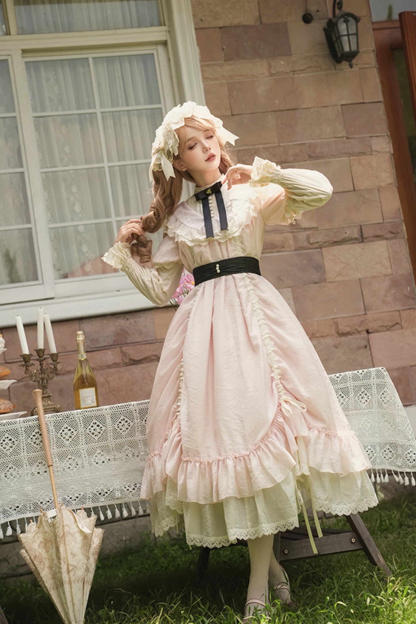 [pre-order] Rose Ruffle Lolita Dress + Dress + Belt + Brooch + Ribbon + Headband + Sleeve