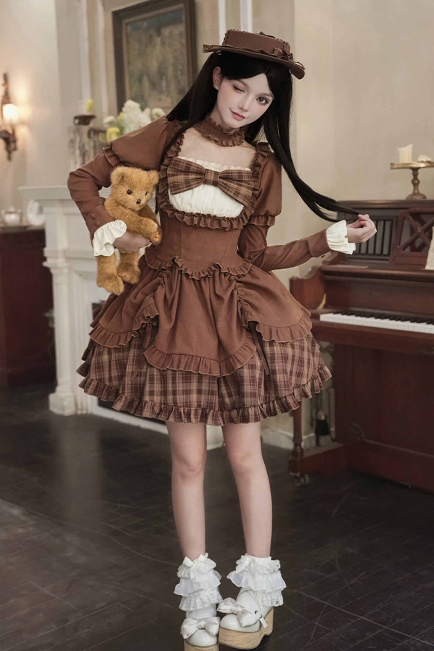 Sweet Checked Doll Dress + 2-way Ribbon + Bow + Hat
