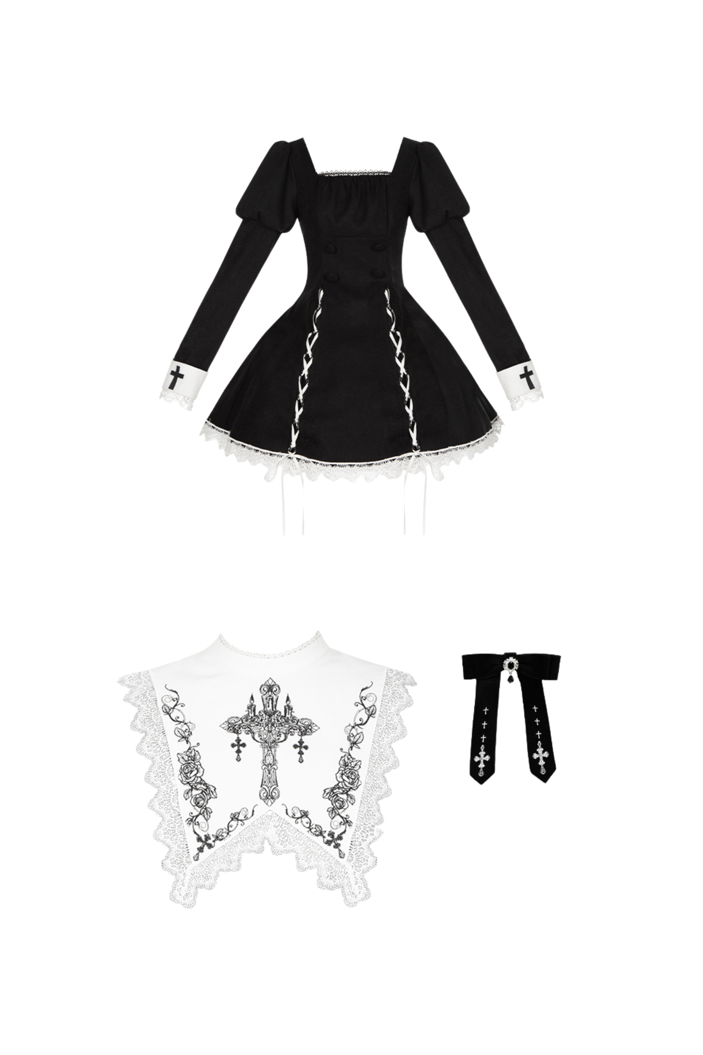 Mermaid Dress + Lace-up Short Dress + Cloak + Collar + Ribbon Brooch