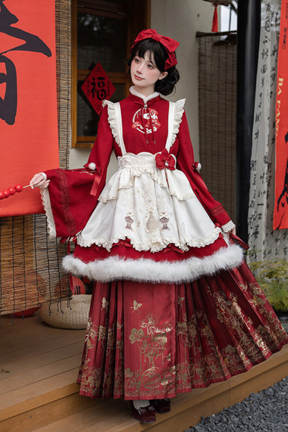 Chinese-style Big Sleeve Dress + Apron + Skirt + Leg Warmers + Hairband + Clip + Pin