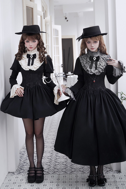 [pre-order] Dark Sweet Lolita Dress + Faux Collar + Necklace + Jacket + Ribbon + Sleeve + Fur Shawl