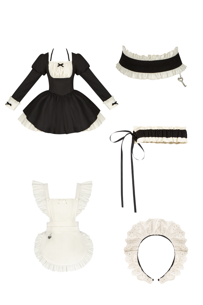 Twin Ruffle Maid Lolita Dress + Apron + Choker + Headband + Bow + Leg Warmers