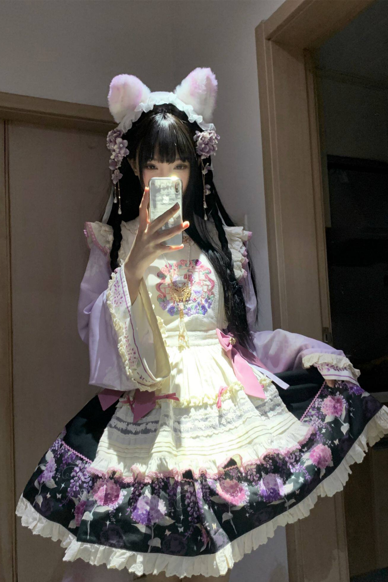Chinese-style Lolita Top + Skirt + Apron + Headband + Bonnet
