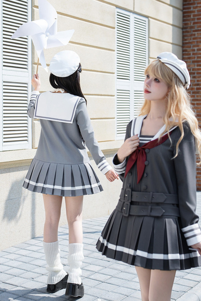 Sailor Collar Pleated College Dress + Ribbon + Hat