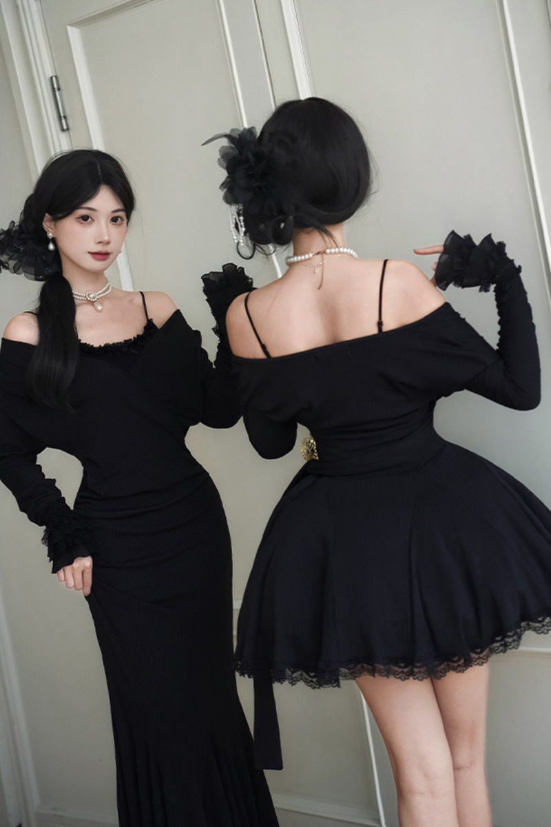 Low V-neck Knit Stretch Slim Dress