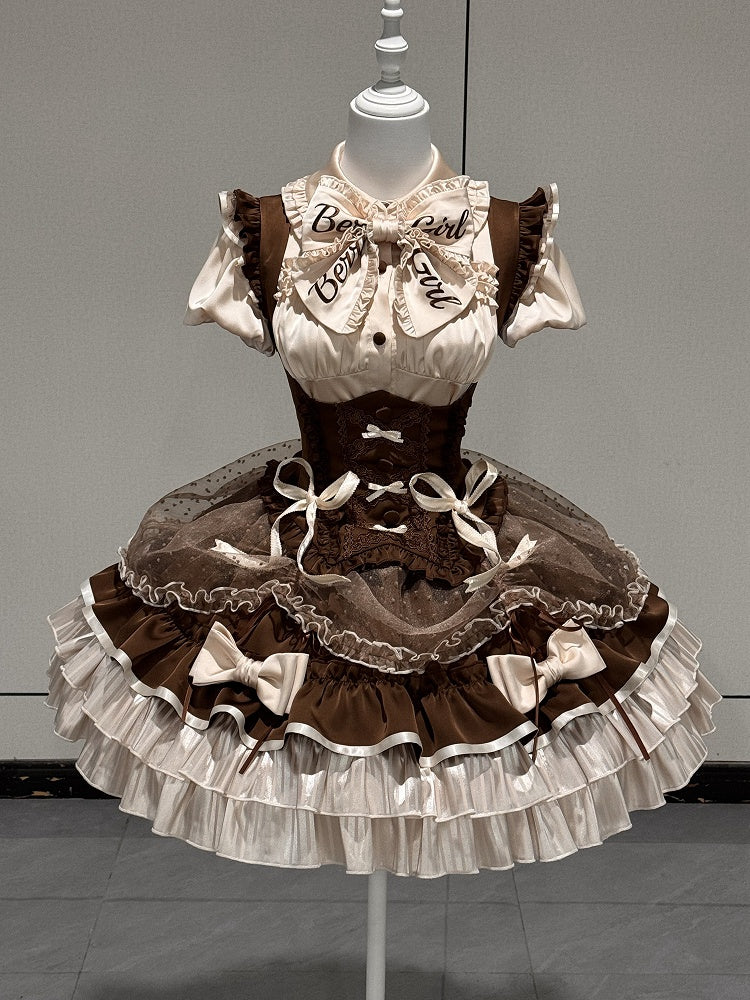 [order Deadline: May 12] Café Mocha Lolita Idol Ribbon Puff Sleeve Shirt + Corset Tulle Pull-up Jks Dress Set