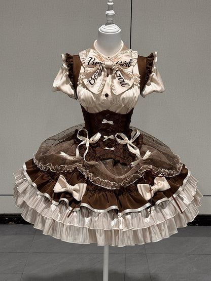 [order Deadline: May 12] Café Mocha Lolita Idol Ribbon Puff Sleeve Shirt + Corset Tulle Pull-up Jks Dress Set