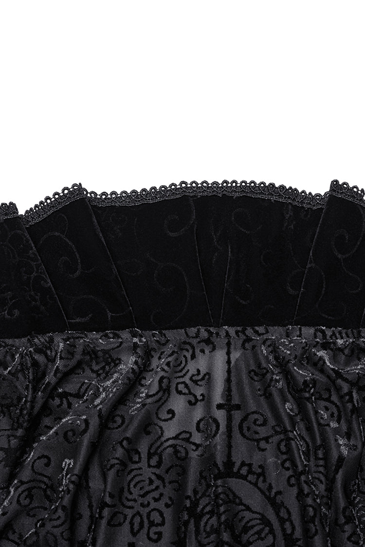 Black Stand Collar Long Sleeves Print Ruffle Gothic Blouse