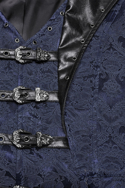 Black/blue Lapel V-neck Sleeveless Jacquard Buckle Gothic Vest