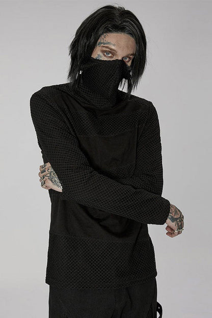 Black Punk Super High Collar Masked Hanging Ear Splicing Mesh Long Sleeves T-shirt