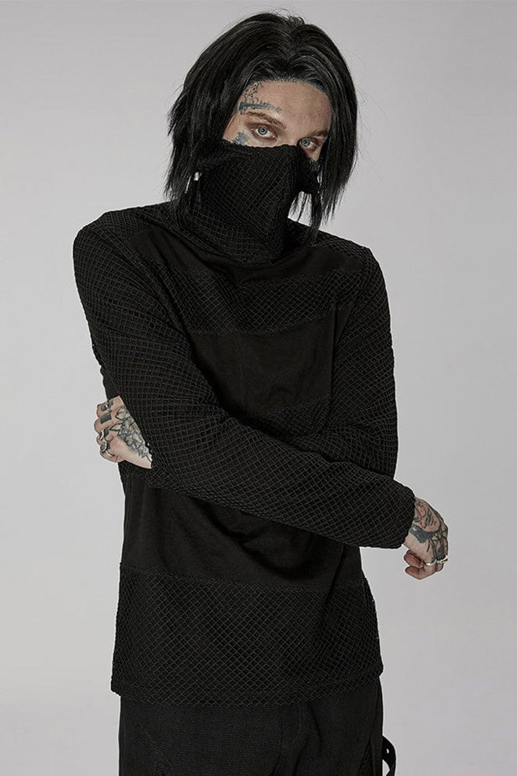 Black Punk Super High Collar Masked Hanging Ear Splicing Mesh Long Sleeves T-shirt