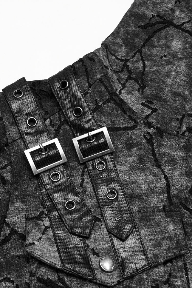 Grey Short Sleeves Big-pocket Tie-dyed Hooded Punk T-shirt