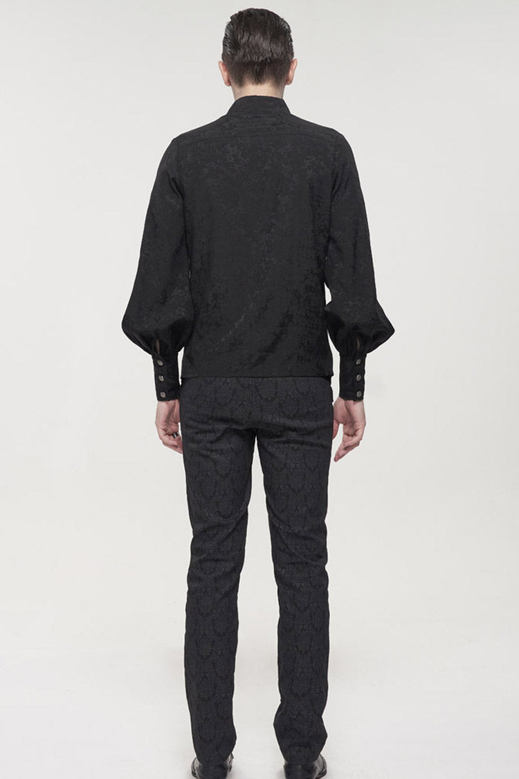 Black Gothic Metal Pattern Buckle Long Sleeve Pleated Lace Lantern Shape Printing Pattern Shirt