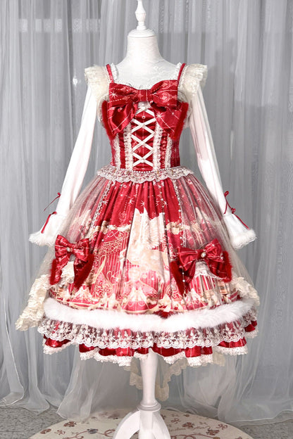 Red [happy New Year] Printed Ruffled Bow Lace Classic Chinese Style Lolita Jsk Dress