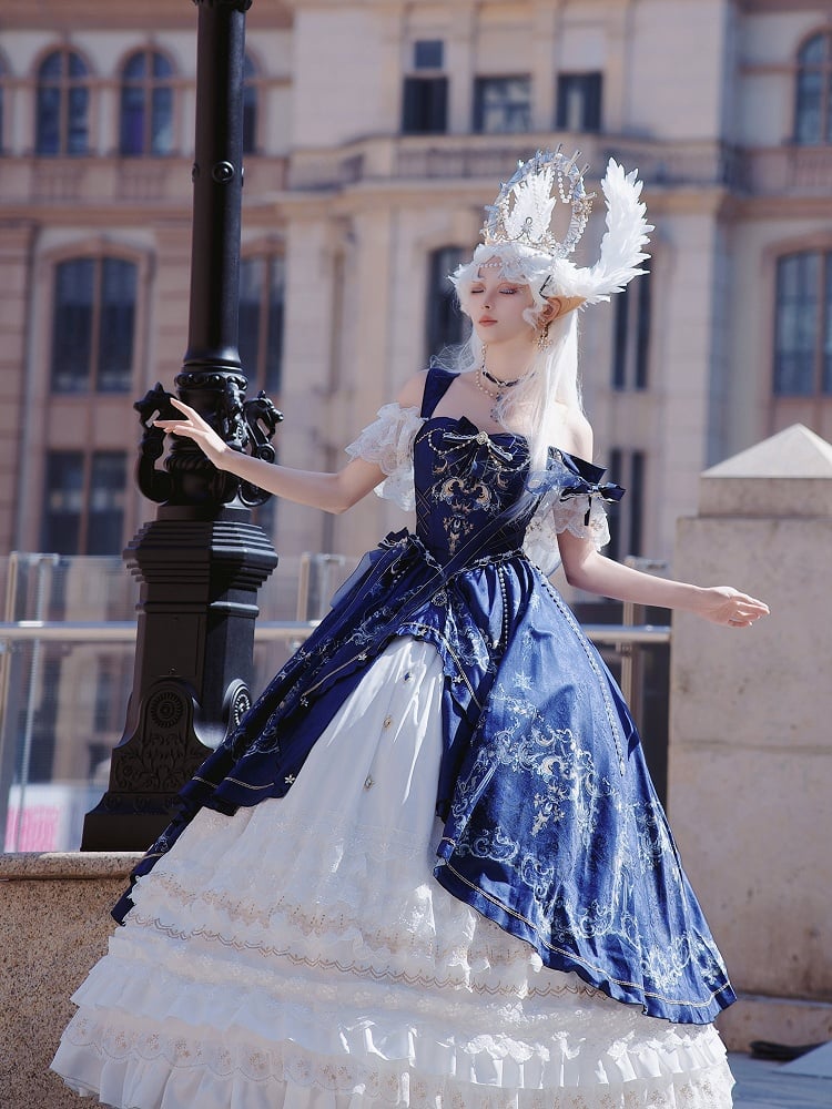 [pre-order Deadline: May 3] Dark Blue White Corset Lace Ribbon Lolita Jsk Princess Dress + Complete Set