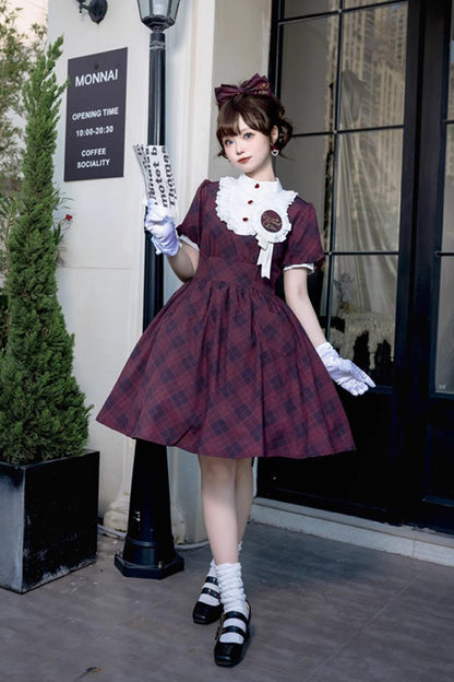Showa Summer Plaid Print Daily Short Sleeves Classic Princess Lolita Dress 2 Colors