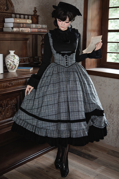 Plaid Fishbone Chest Jsk + Dress + Innerwear + Ribbon + Hat