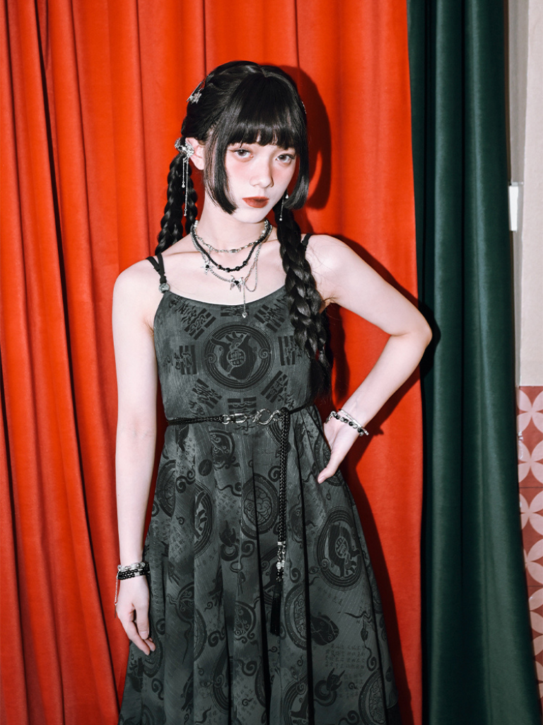 Dark Chinese-style Asymmetric Long Camisole Dress + Short Cardigan