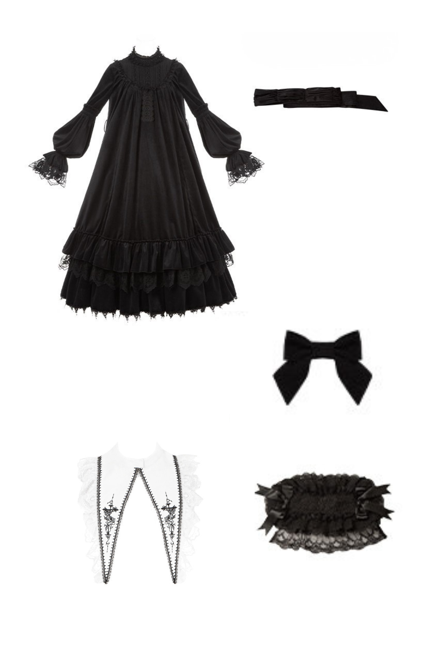 Gothic Doll Multi-tiered Dress + Belt + Fake Collar + Hairband