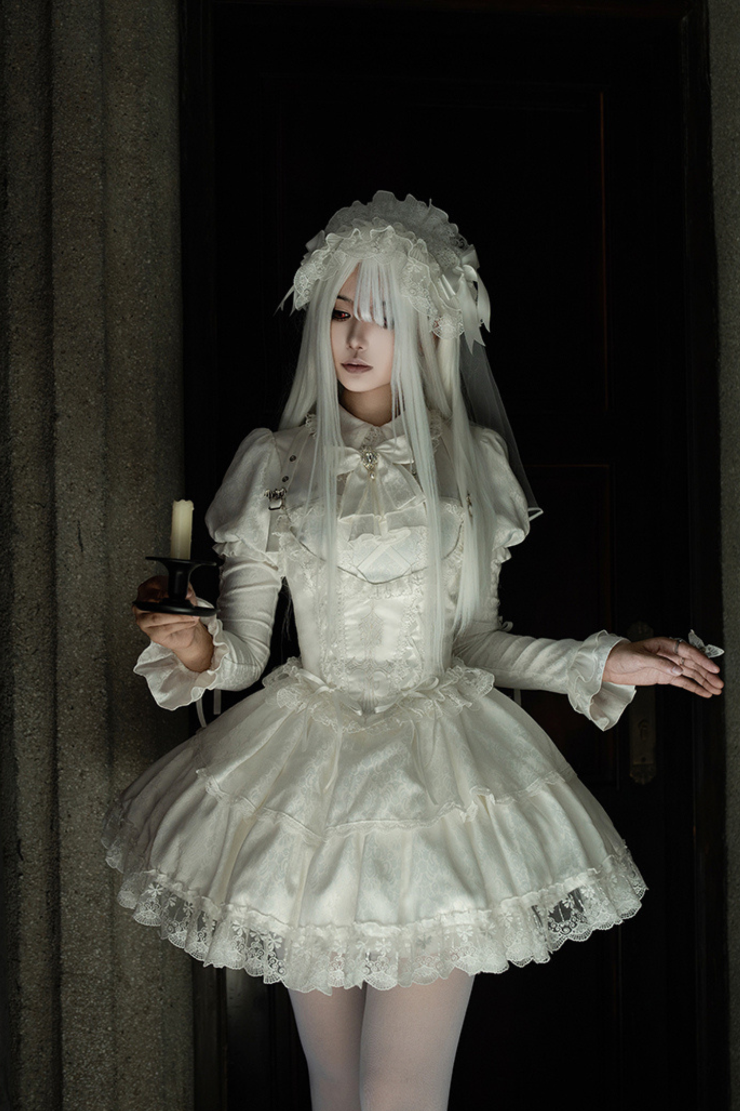 White Gothic Gemini Lolita Dress + Corset + Ribbon + Headband + Veil