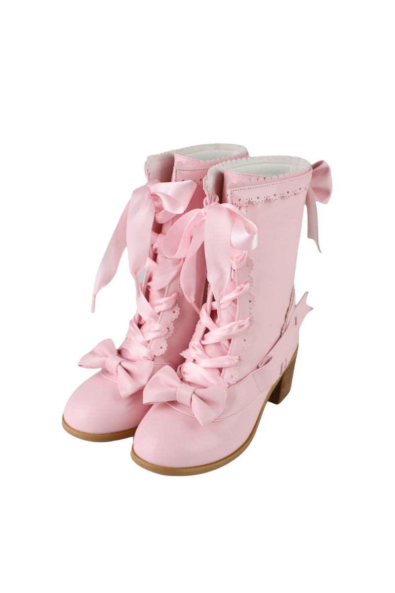 Ribbon Lace Up Mid Calf Boots