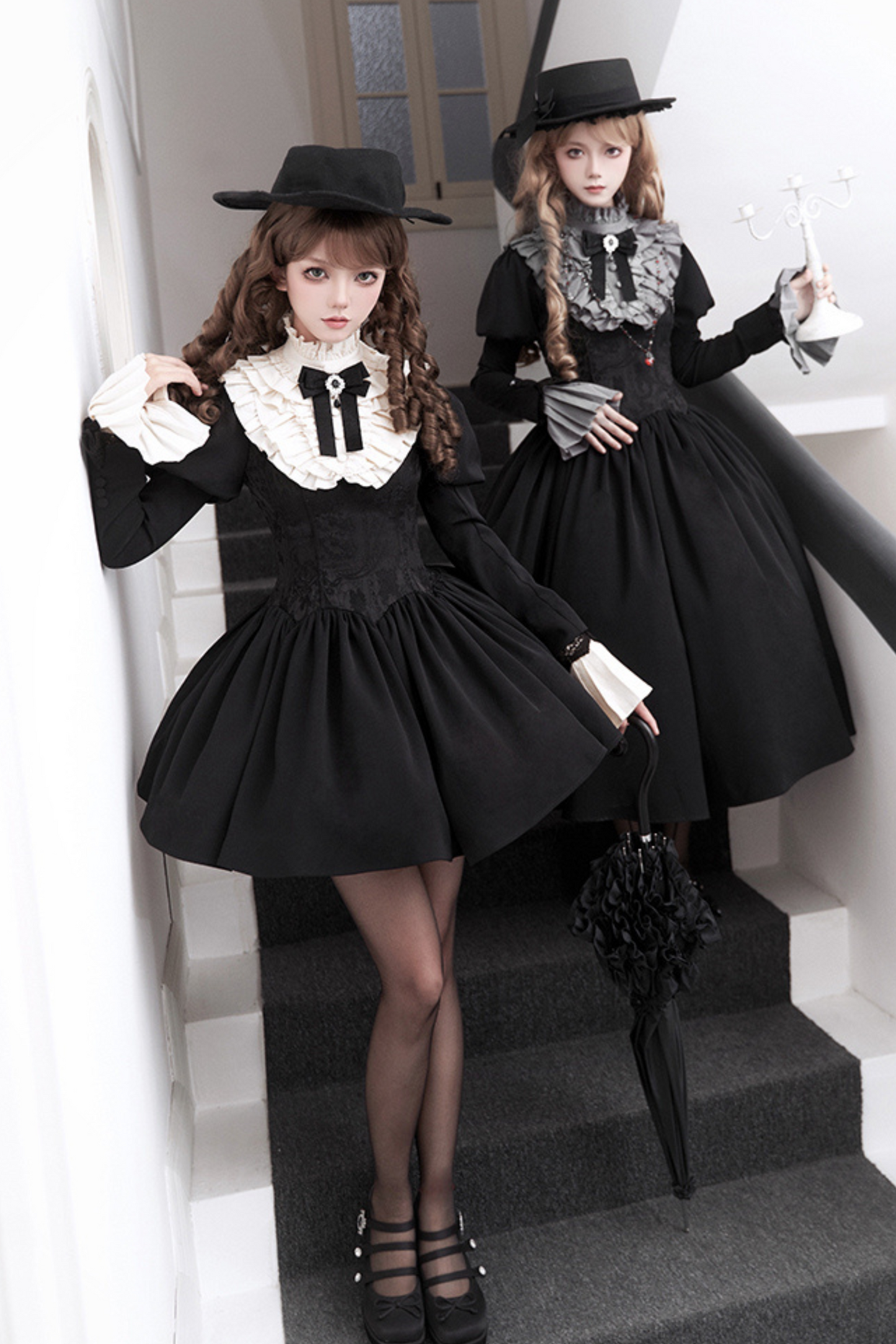[pre-order] Dark Sweet Lolita Dress + Faux Collar + Necklace + Jacket + Ribbon + Sleeve + Fur Shawl