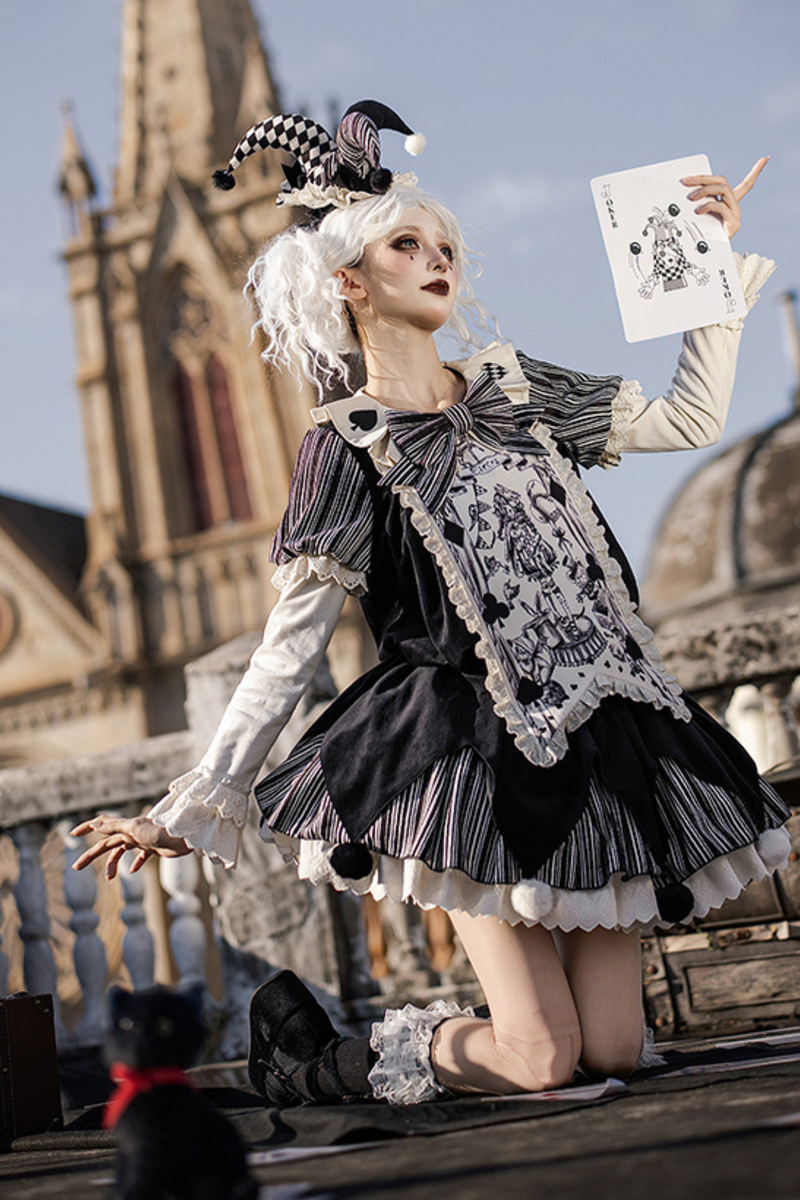 Doll Circus Pierrot Lolita Dress + Headband + Belt + Ribbon + Headband + Panel