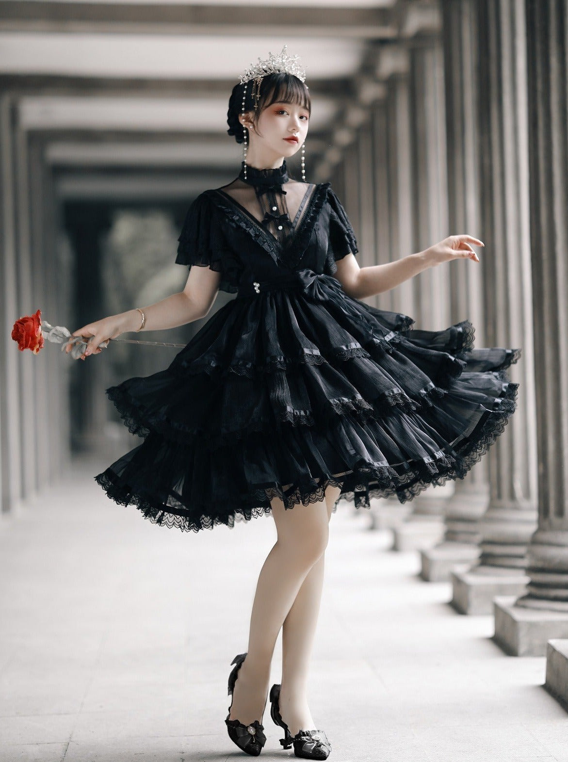 Stand Collar Ruffle Tiered Airy Dress