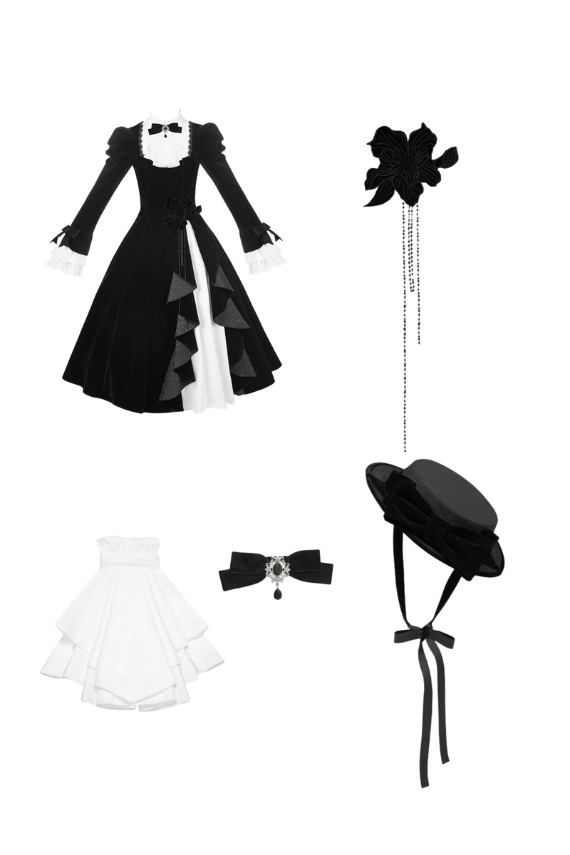 Slim Contrast Color Twin Dress + Collar + Bow + Brooch + Hat