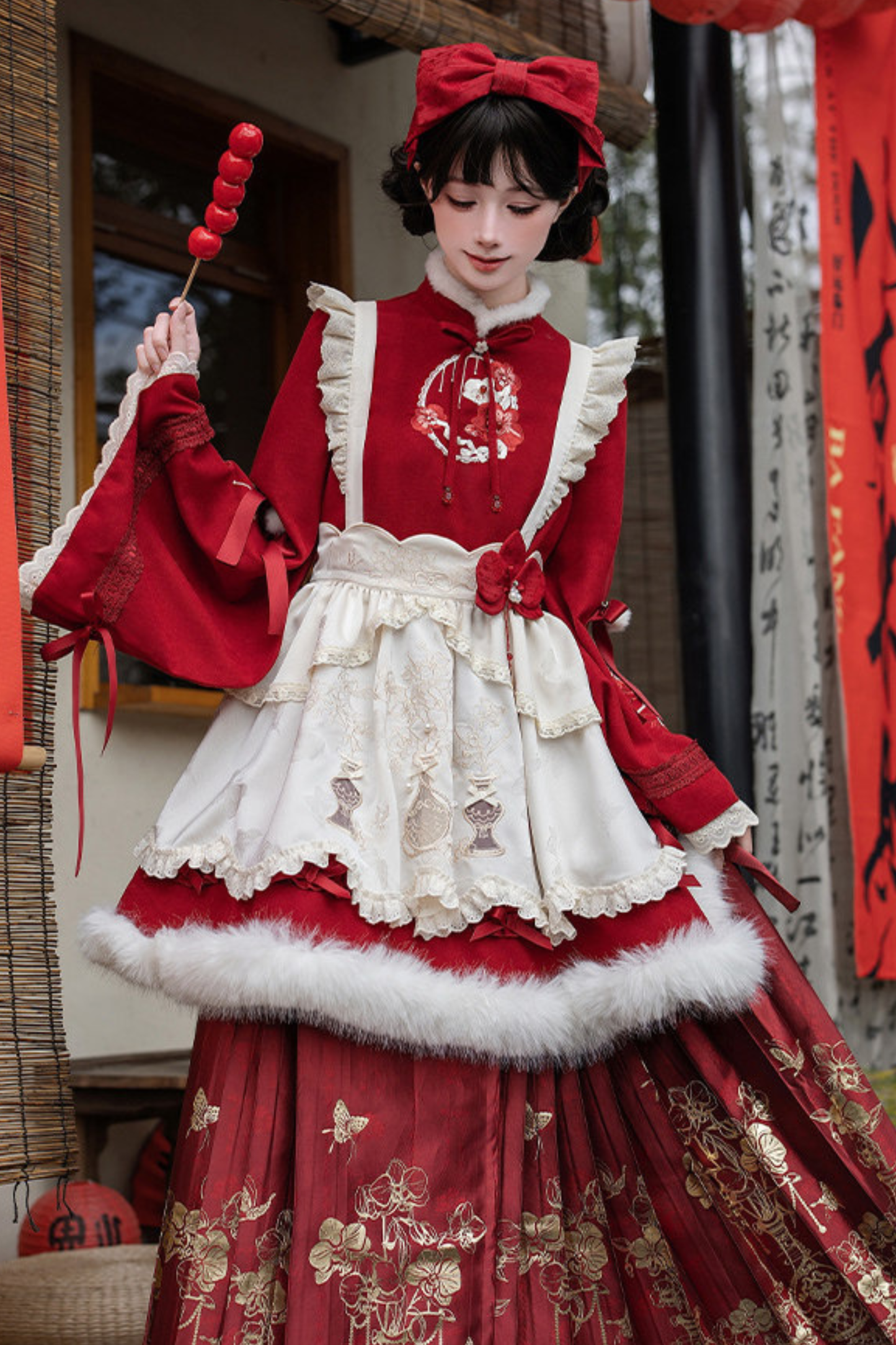 Chinese-style Big Sleeve Dress + Apron + Skirt + Leg Warmers + Hairband + Clip + Pin