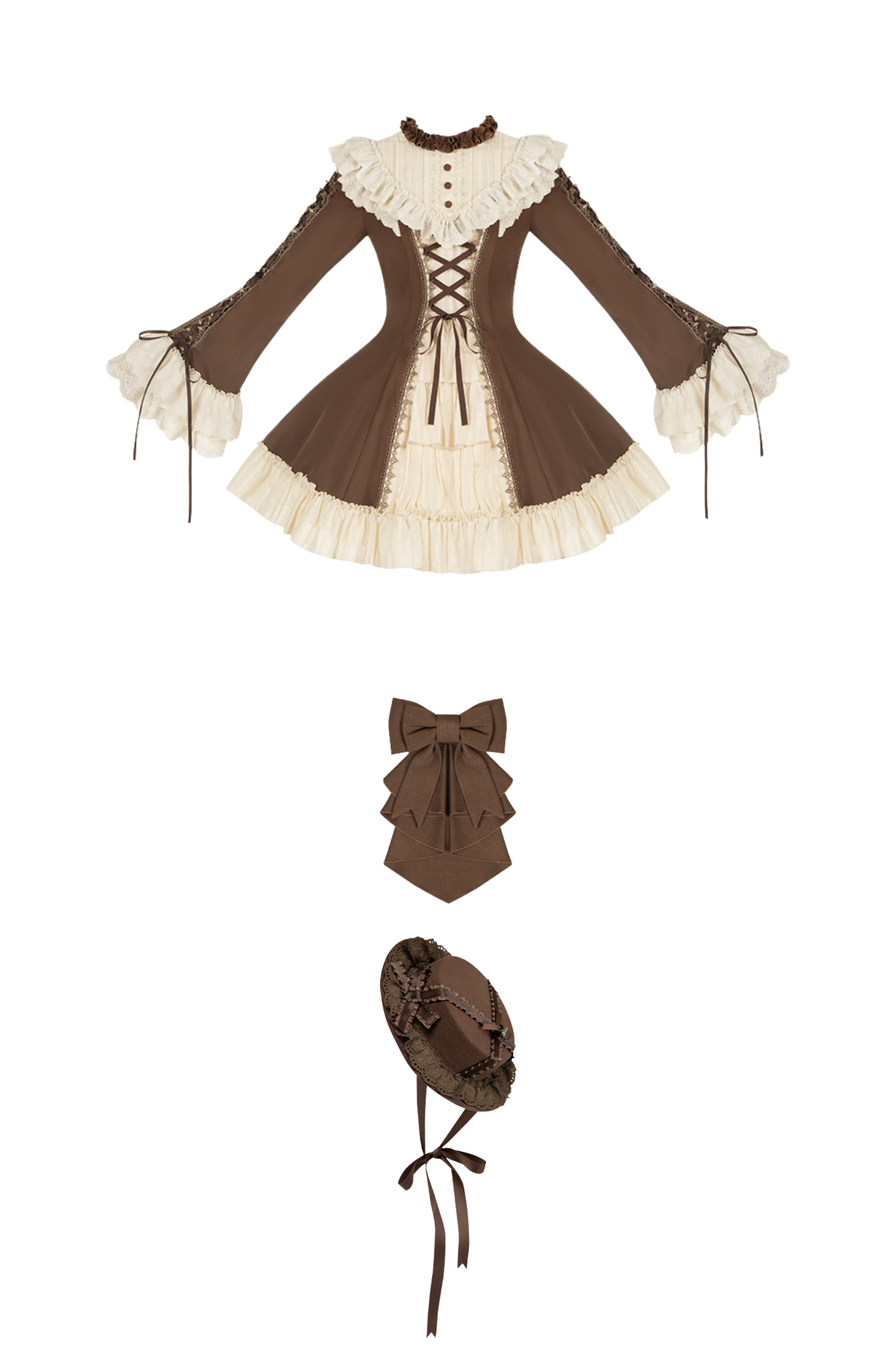 Lace Stand Collar Flared Sleeve Twin Doll Lolita Dress + Collar + Hat
