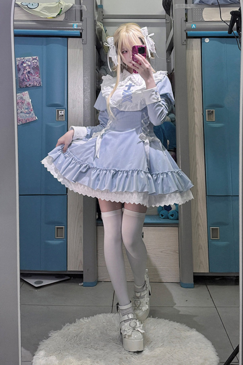 Lace-up Ribbon Lolita Dress + Brooch + Hair Clip