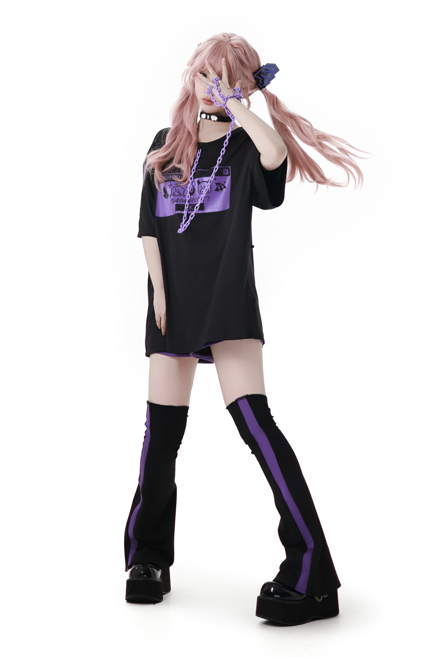 Subculture Loose Oversized T-shirt + Pants + Leg Warmers + Angel Devil Hairpins