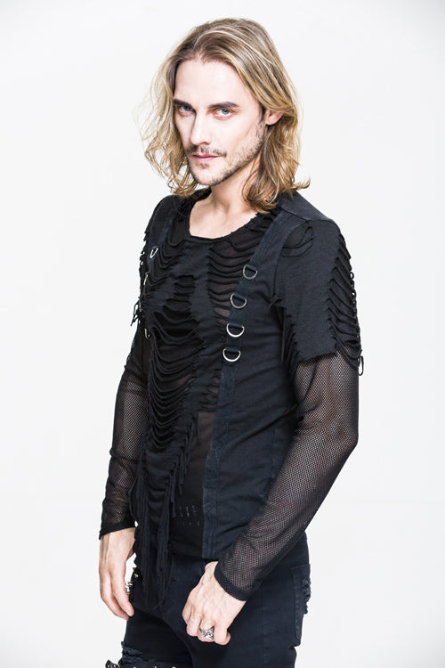 Black Knitted Diamond Mesh Punk T-shirt With Ribbons