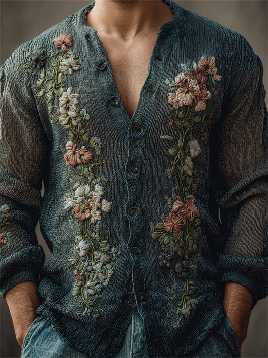 Men's Boho Floral Embroidered Comfy Knit Cardigan elevenforest