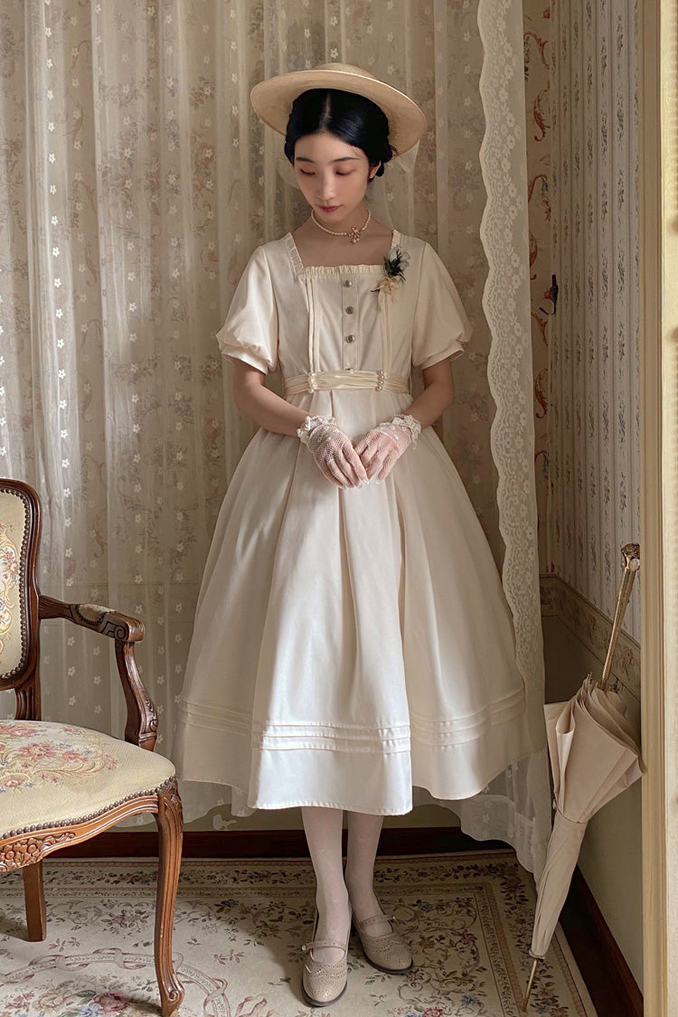 Apricot [random Thoughts] Square Collar Short Sleeves Ruffle Classic Lolita Dress