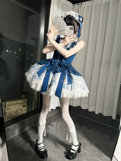 [pre-order Deadline: May 6] Dark Blue Moonlight Sea Lace Ribbon Layered Dress + Accessories
