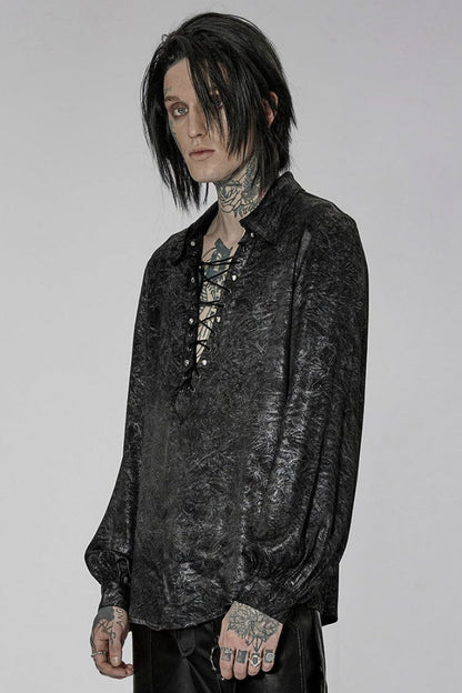 Black/silver Stand Collar Long Puff Sleeves Print Lace-up Metal Decoration Gothic Blouse
