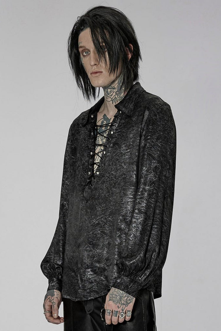Black/silver Stand Collar Long Puff Sleeves Print Lace-up Metal Decoration Gothic Blouse