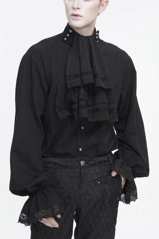 Black Puff Sleeved Stand Collar Gothic Shirt With Necktie