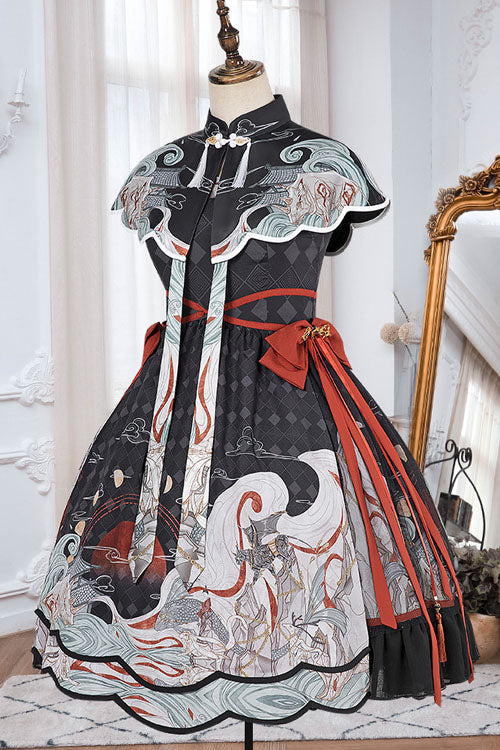 Black Chinese Style Chang'e Flying to the Moon Print Ruffled Classic Lolita Op Dress