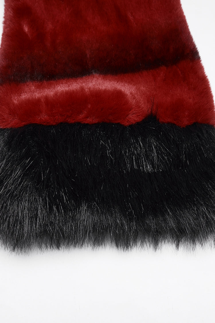 Red Stand Collar Long Sleeves Buckle Straps Faux Fur Punk Short Cloak