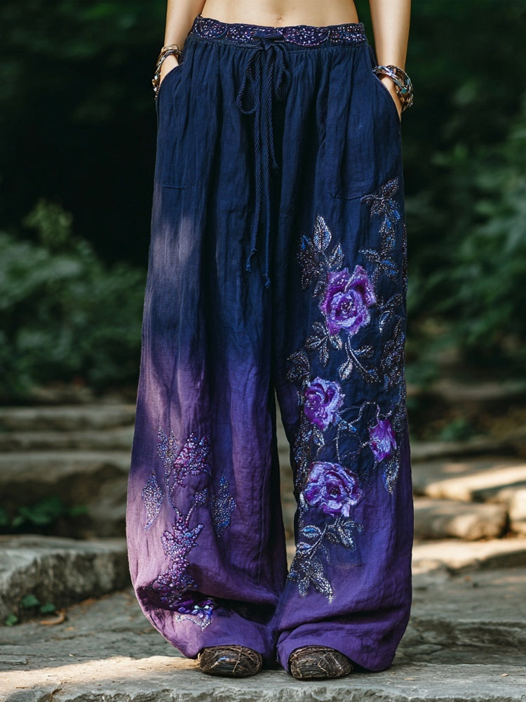 Vintage Purple Roses Embroidered Gradient Linen Trousers elevenforest